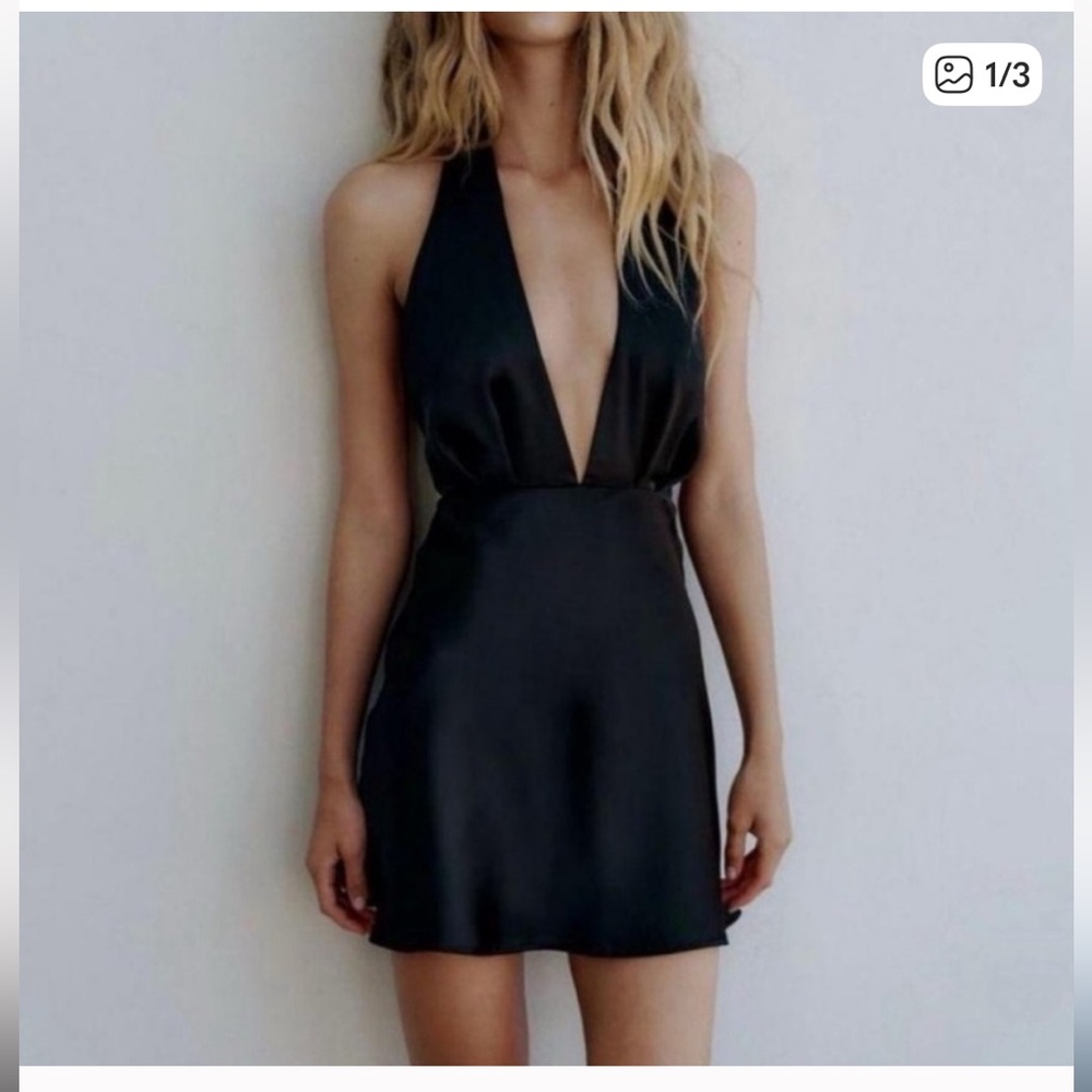 Zara NWT Black Satin Backless Halter Dress